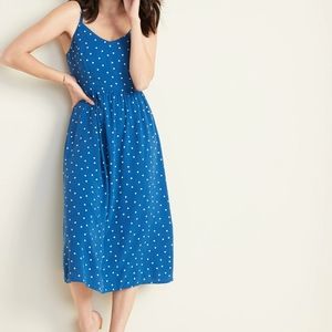 navy and white polka dot midi dress